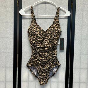 Aqua Green S Leopard Print One Piece Low V Neck Shirred Side Front Swimsuit NWT